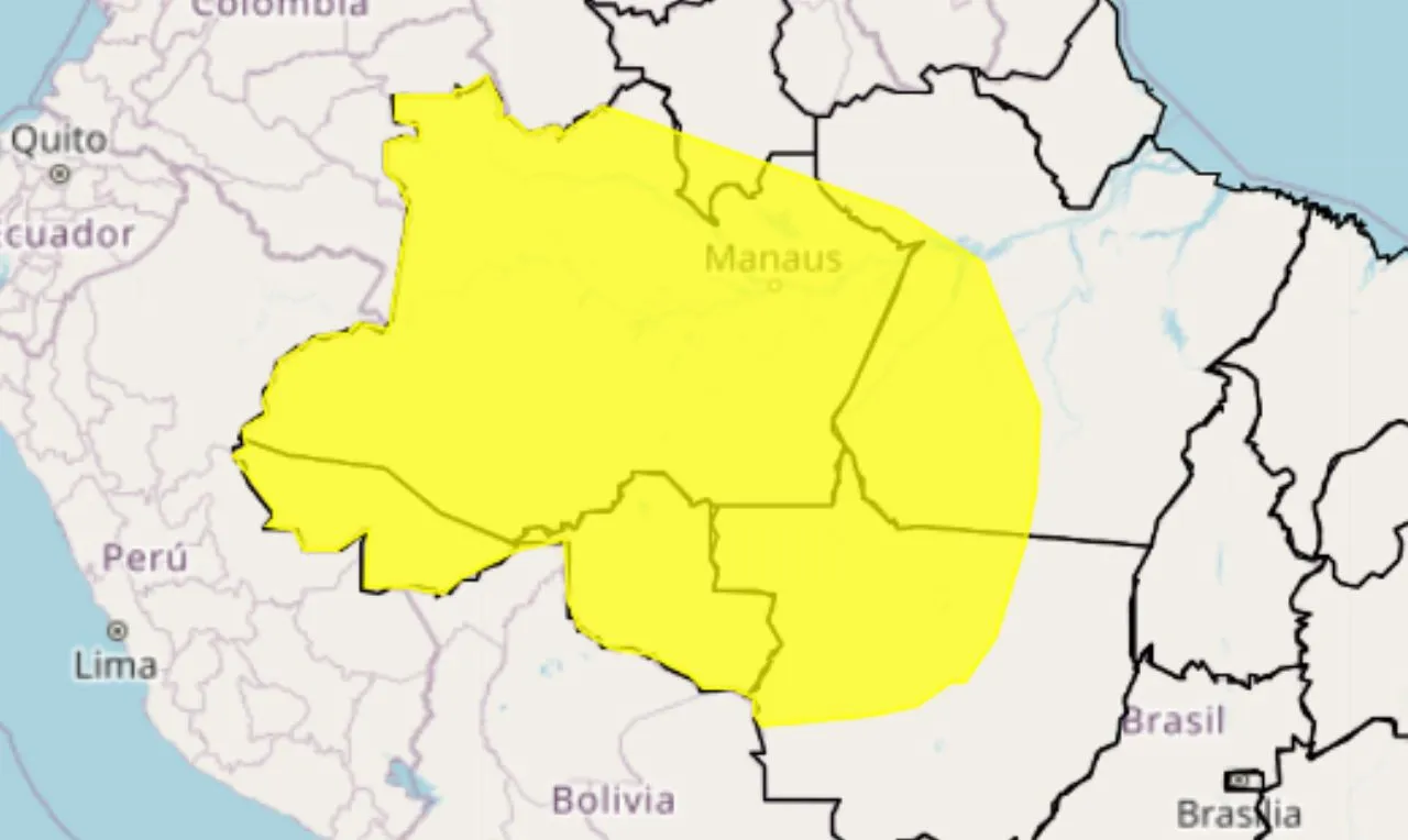 o mapa mostra as áreas em alerta para chuva intensa e ventania 